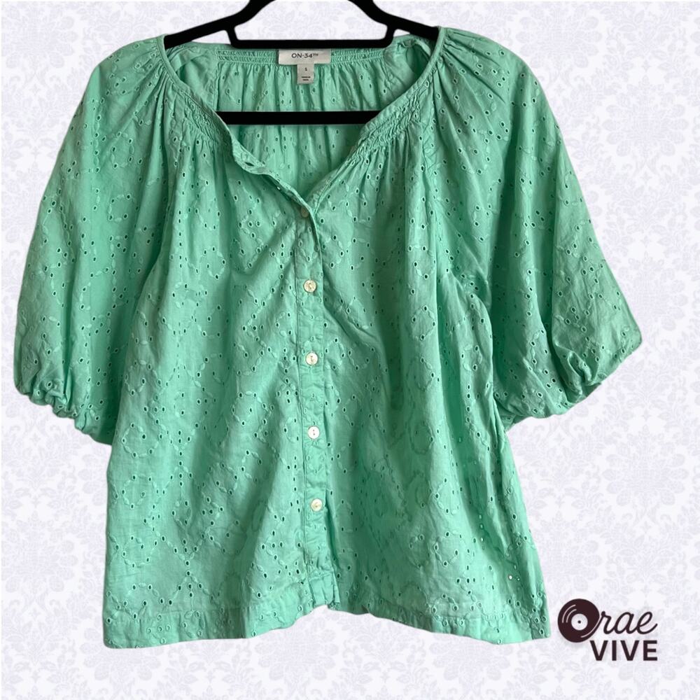 On 34th Womens Small Seafoam 100% Cotton Eyelet Puff Sleeve Blouse [🌿]